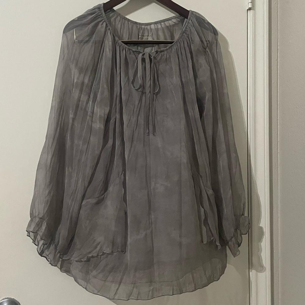 Women’s Sheer Tie-Neck Blouse in Gray
